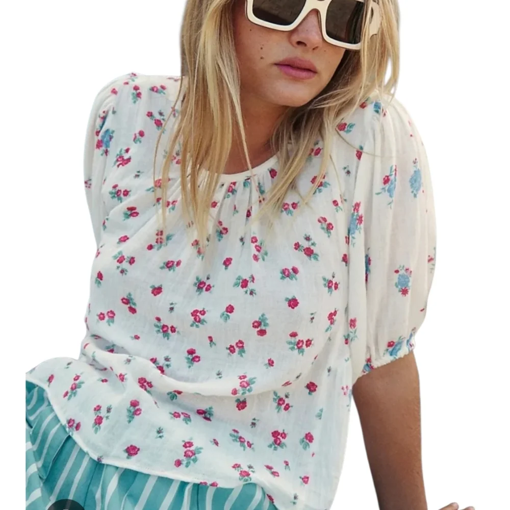 Free People White Floral Peasant Blouse with Pink & Teal Flowers